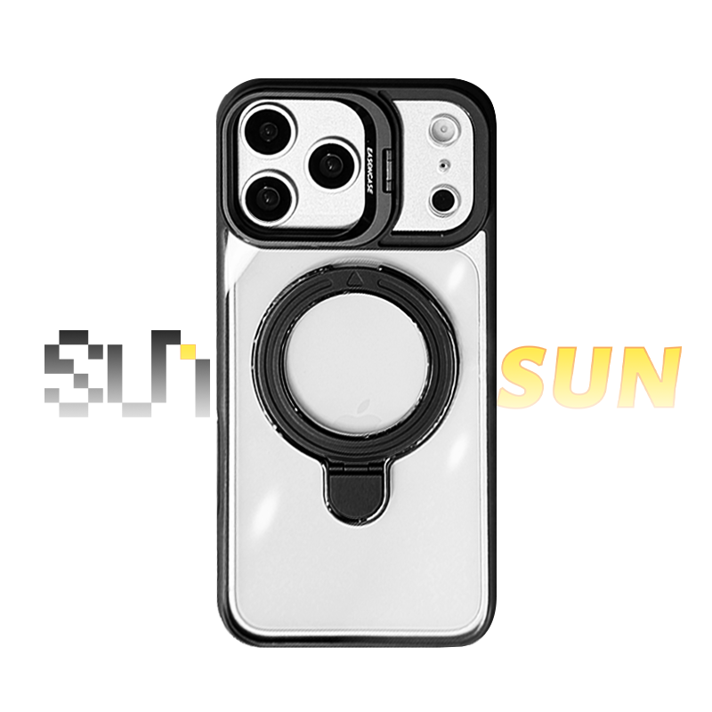 Built-in camera-frame kickstand on clear iPhone case