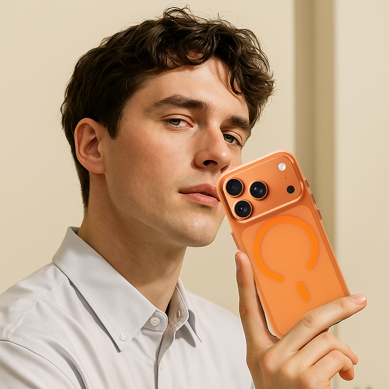 CASESUN iPhone 17 Pro Max orange matte magnetic case held by a man — showcasing premium design, vibrant color, and MagSafe compatibility.