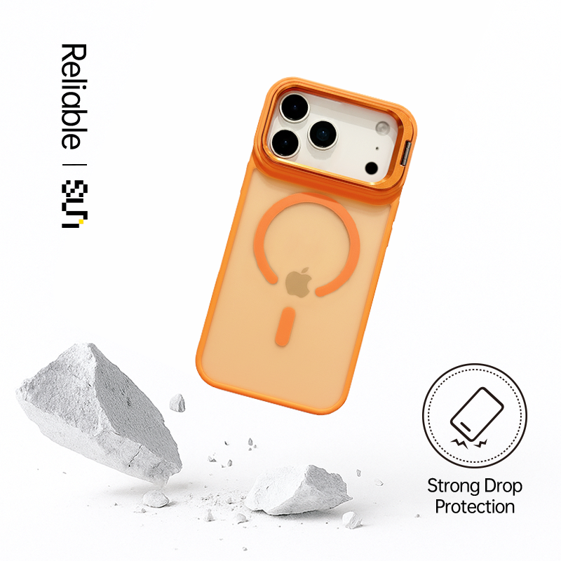 CASESUN iPhone 17 Pro Max magnetic stand case drop-test image — demonstrating strong impact resistance.