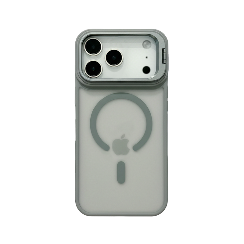 CASESUN iPhone 17 Pro Max magnetic stand case in gray, featuring frosted PC back and alloy lens ring