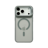 CASESUN iPhone 17 Pro Max magnetic stand case in gray, featuring frosted PC back and alloy lens ring