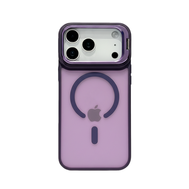 CASESUN iPhone 17 Pro Max magnetic matte stand case in deep violet, alloy lens frame for premium look.