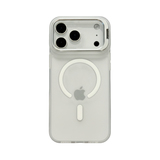 CASESUN iPhone 17 Pro Max magnetic case in silver-white, frosted PC back with alloy lens ring.
