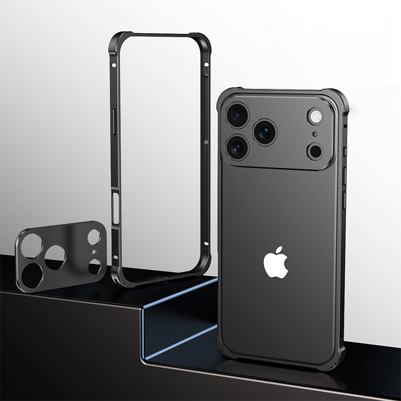 CASESUN Metal Bumper Case for iPhone 17 Pro Max in matte black — slim aluminum frame with a sleek modern look.
