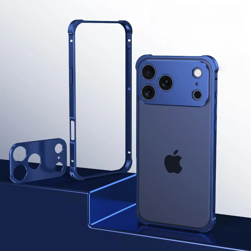 CASESUN Metal Frame Case for iPhone 17 Pro Max in navy blue — precision CNC aluminum design with detachable lens protector.