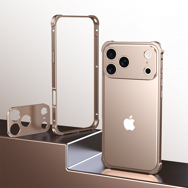 CASESUN Champagne Gold Metal Frame Case for iPhone 17 Pro Max — CNC-milled aluminum alloy frame with refined edges.