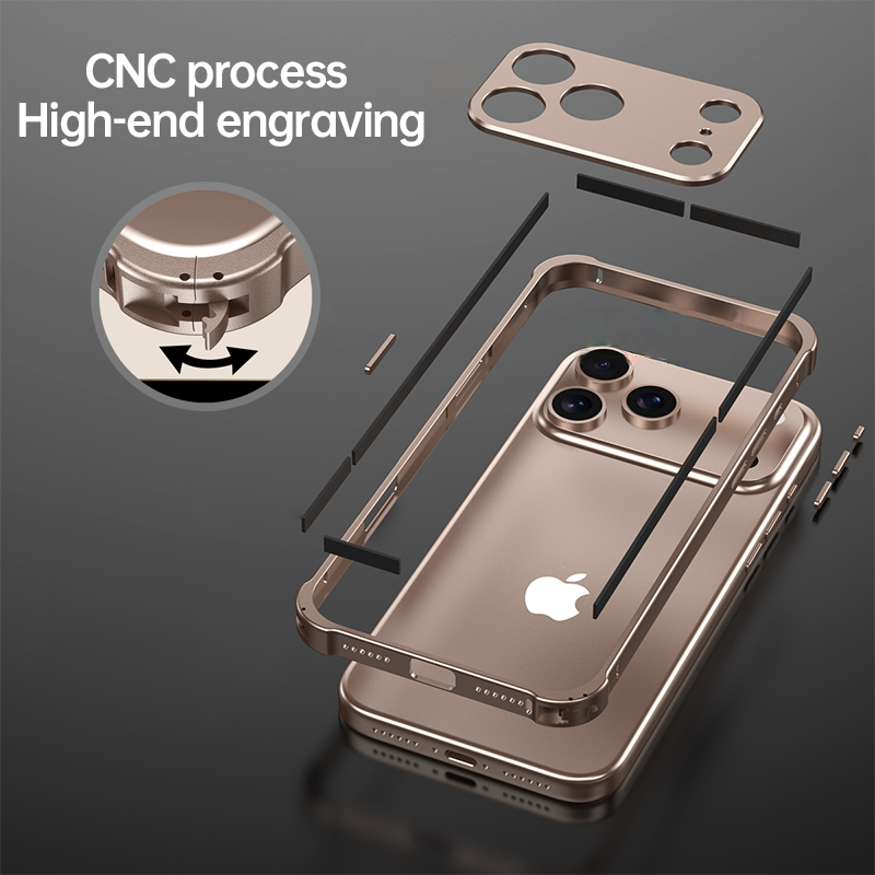CASESUN CNC-machined aluminum frame for iPhone 17 Pro Max — multi-layer structure with shock-absorbing foam and lens module.