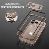 CASESUN CNC-machined aluminum frame for iPhone 17 Pro Max — multi-layer structure with shock-absorbing foam and lens module.