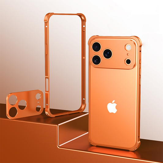 CASESUN Aluminum Case for iPhone 17 Pro Max in orange — stylish metal design with detachable lens guard and clean edges.