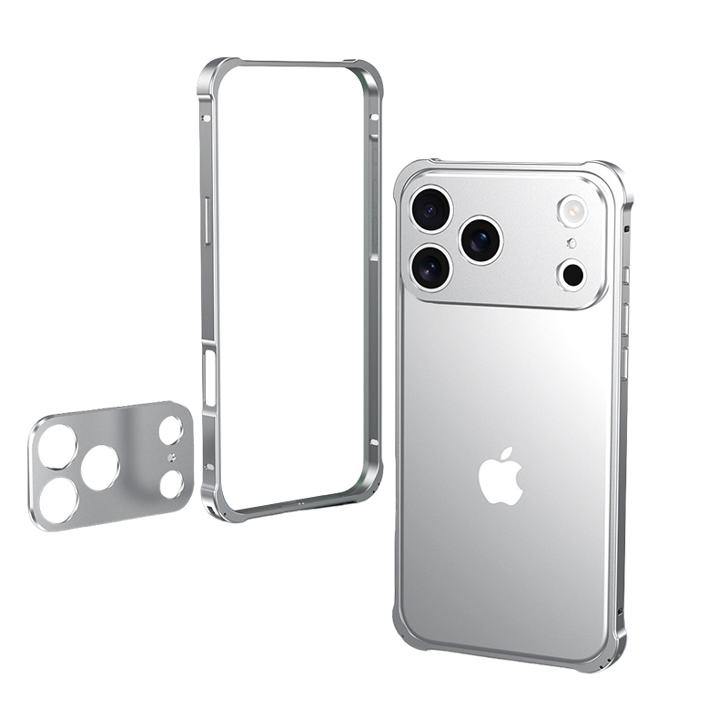 CASESUN Aluminum Alloy Frame Case for iPhone 17 Pro Max in silver — lightweight metal bumper with full camera protection.