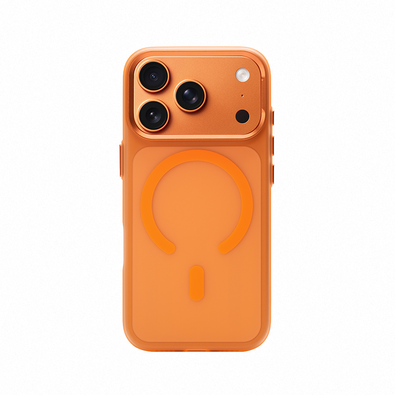 CASESUN iPhone 17 Pro Max case in orange — vibrant color with strong MagSafe alignment.