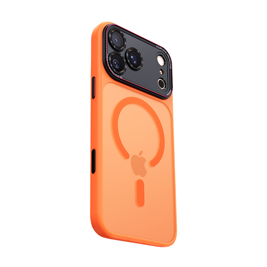 CASESUN frosted orange MagSafe case for iPhone 17 Pro Max with metal lens frame