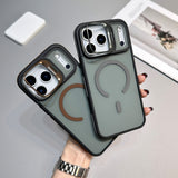 CaseSun-Hand holding two iPhone 17 Pro Max cases with matte translucent backs and built-in magnetic rings, shown in bronze and black lens ring colors.