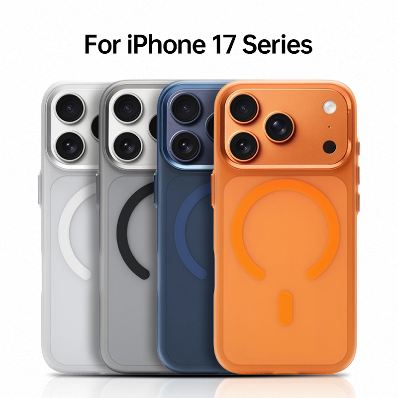 CASESUN iPhone 17 Series magnetic cases lineup — silver, gray, blue, orange, and gold.