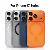 CASESUN iPhone 17 Series magnetic cases lineup — silver, gray, blue, orange, and gold.