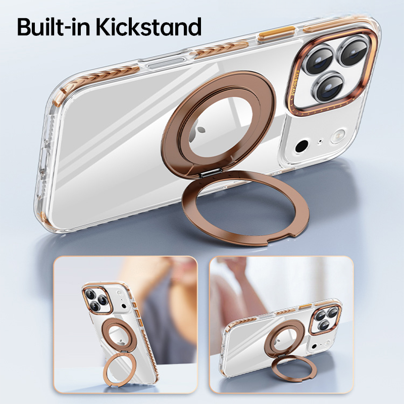 CASESUN-iPhone 17 Pro Max case with built-in ring kickstand, supports vertical and horizontal viewing.