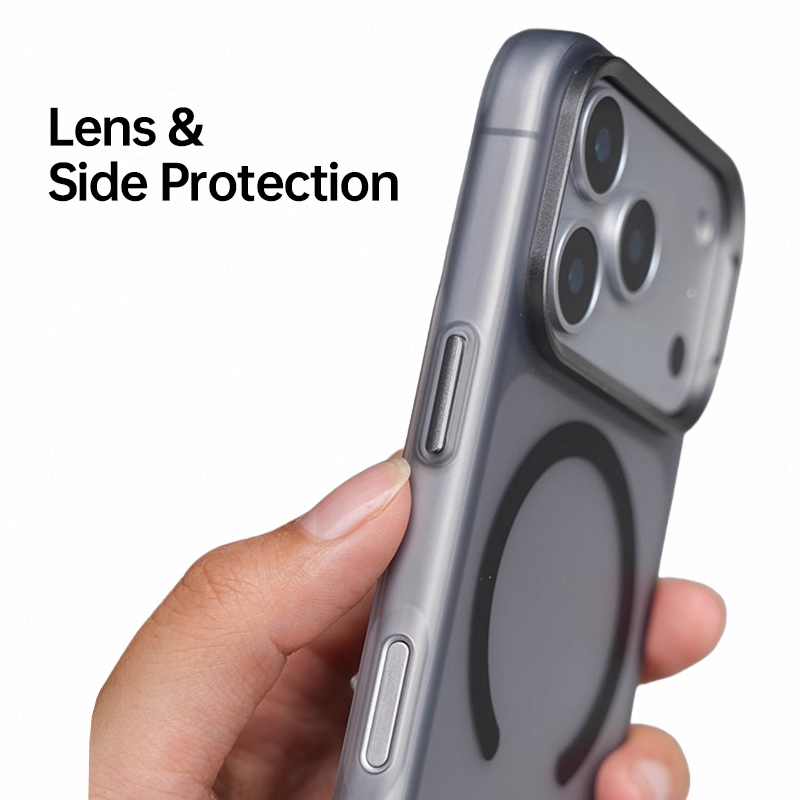 CASESUN iPhone 17 Pro Max case showing raised lens protection and side metal details.