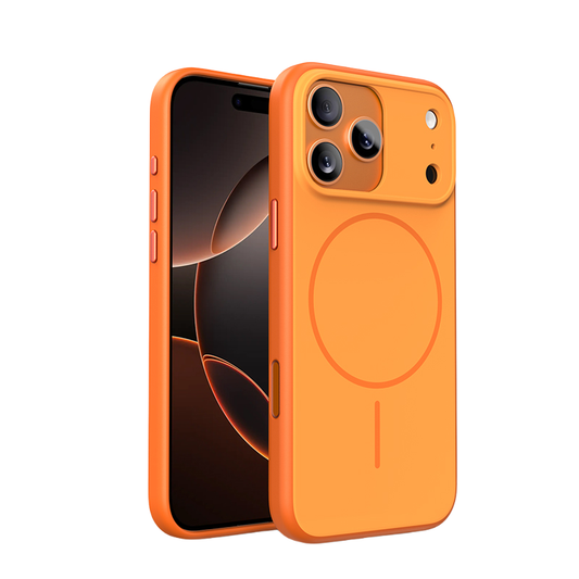 CASESUN-Front and back view of orange iPhone 17 Pro Max magnetic matte case with MagSafe ring.