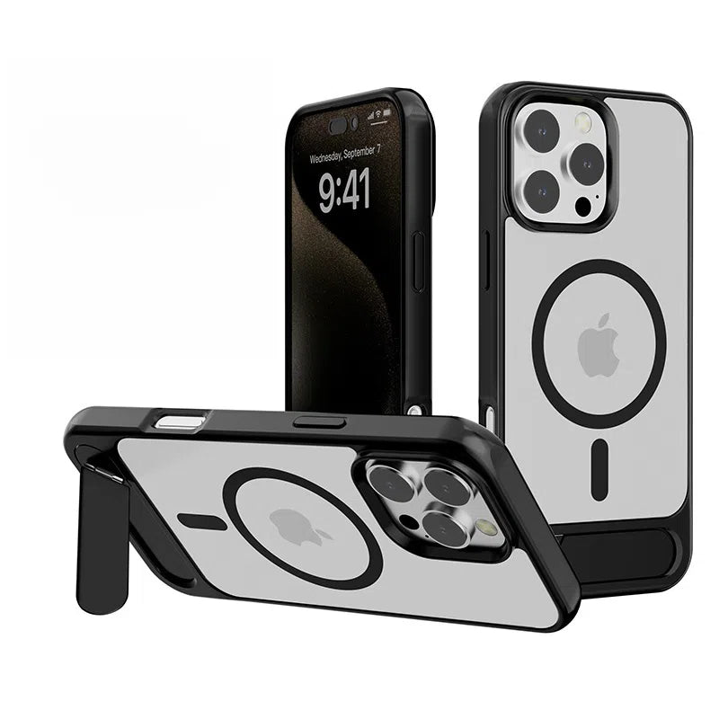 Metal Finish Magnetic Case with Wing Stand For iPhone 16 Pro Max