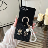 CASESUN Teddy Charm Case + Pearl Wrist Strap | Croc Texture for Z Flip 7/6/5/4/3