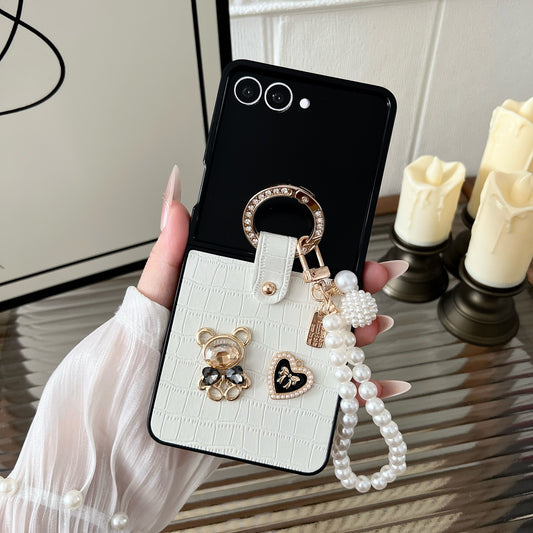 CASESUN Teddy Charm Case + Pearl Wrist Strap | Croc Texture for Z Flip 7/6/5/4/3