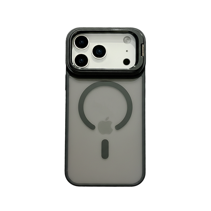 CASESUN iPhone 17 Pro Max matte magnetic stand case in graphite black, featuring frosted back and lens frame.