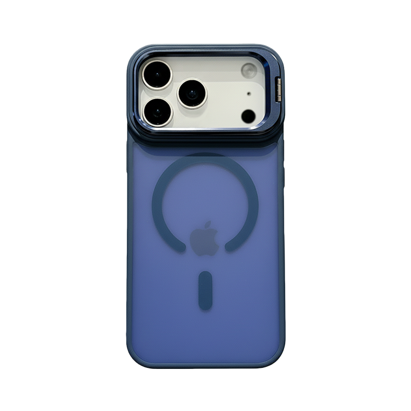 CASESUN iPhone 17 Pro Max magnetic matte case in navy blue with metal camera kickstand.