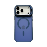 CASESUN iPhone 17 Pro Max magnetic matte case in navy blue with metal camera kickstand.