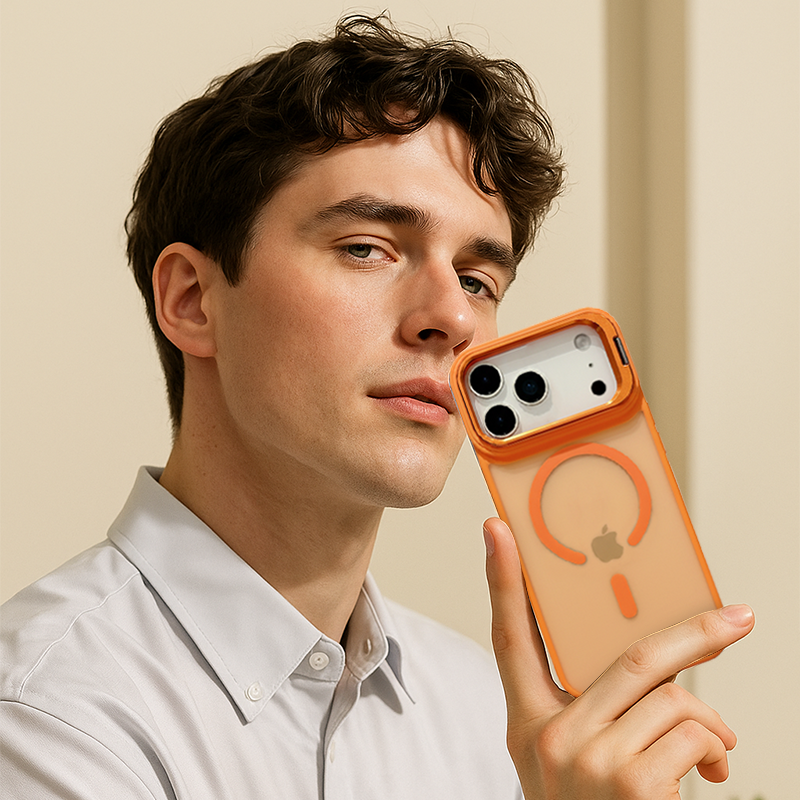 Lifestyle photo of a man holding CASESUN orange MagSafe magnetic case for iPhone 17 Pro Max, minimal and elegant.