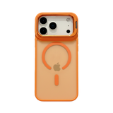 CASESUN iPhone 17 Pro Max magnetic matte case in orange, showing alloy lens frame and MagSafe ring design.