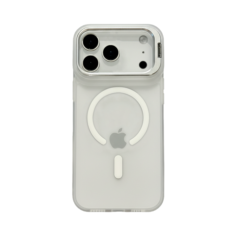 CASESUN iPhone 17 Pro Max magnetic case in silver-white, frosted PC back with alloy lens ring.