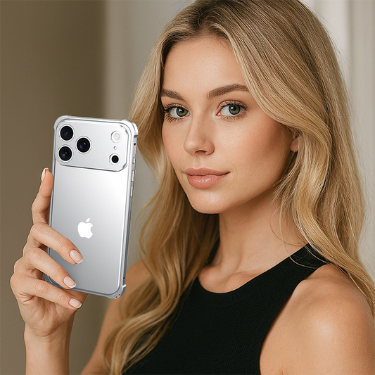 CASESUN Metal Frame Case for iPhone 17 Pro Max — elegant and minimalist design held by a woman in a modern lifestyle scene.