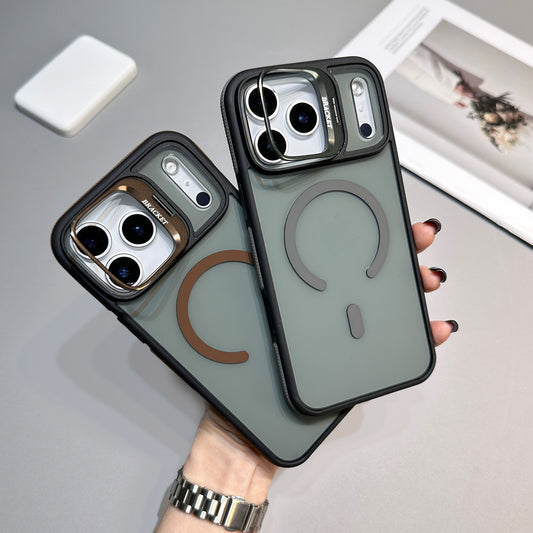 CaseSun-Hand holding two iPhone 17 Pro Max cases with matte translucent backs and built-in magnetic rings, shown in bronze and black lens ring colors.