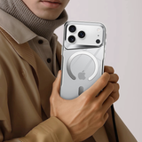 Business-style man holding iPhone 17 Pro Max MagSafe Case – slim and elegant clear design.