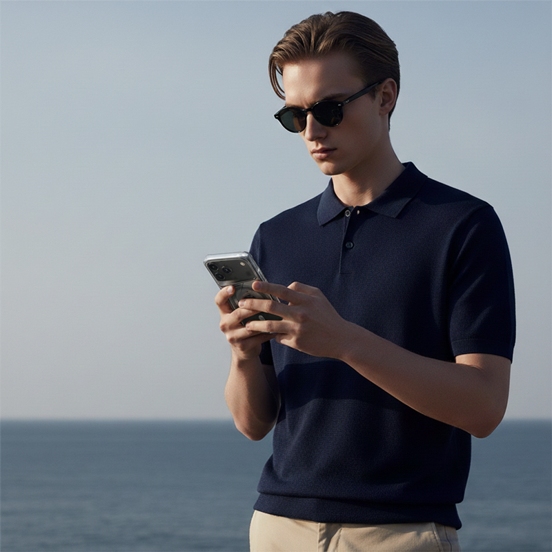 Man using iPhone 17 Pro Max with small waisted MagSafe clear case outdoors by the sea.