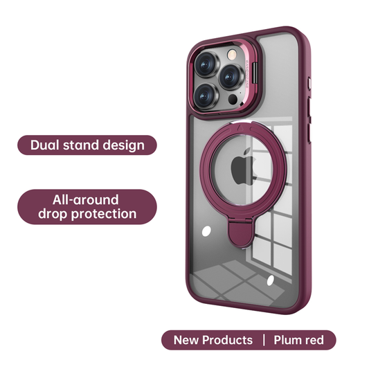 CASESUN iPhone 17 Pro Max anti-yellowing transparent case in plum red, with dual stand.