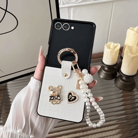 CASESUN Teddy Charm Case + Pearl Wrist Strap | Croc Texture for Z Flip 7/6/5/4/3